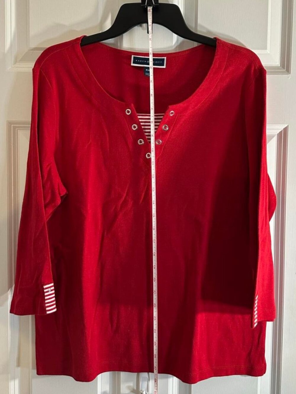 Karen Scott Red Stripe Trim Henley Knit Top 3/4 Sleeve Tunic PXL